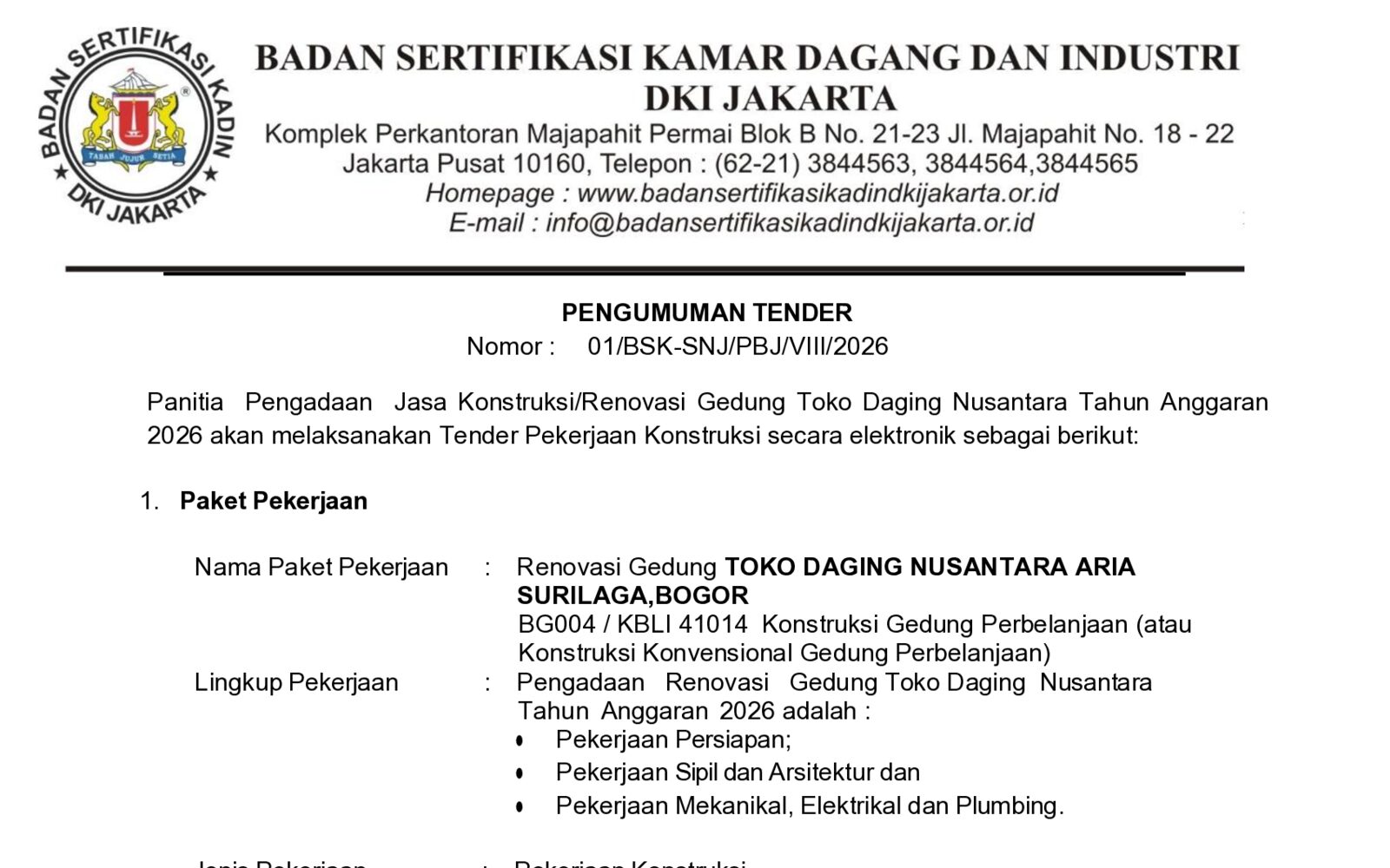 Pengumuman Tender Renovasi Gedung Toko Daging Nusantara Aria Surilaga, Bogor
