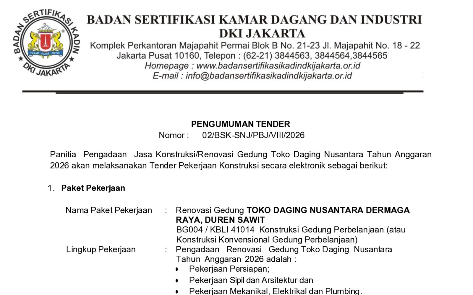 Pengumuman Tender Renovasi Gedung Toko Daging Nusantara Dermaga Raya, Duren Sawit