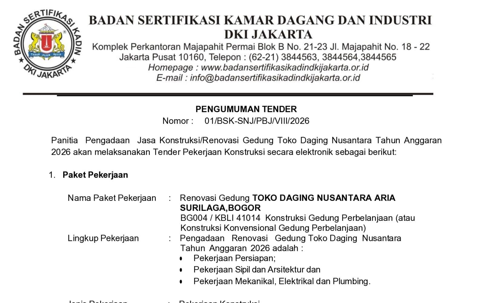 Pengumuman Tender Renovasi Gedung Toko Daging Nusantara Aria Surilaga, Bogor