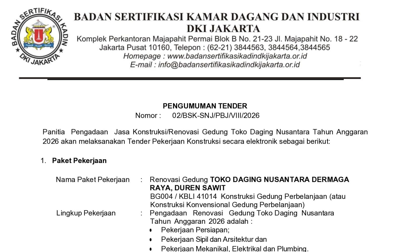 Pengumuman Tender Renovasi Gedung Toko Daging Nusantara Dermaga Raya, Duren Sawit